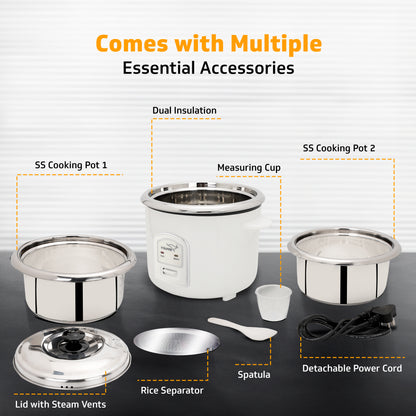 V-Guard VRCS 1.8-Litre Electric Rice Cooker with 2 Stainless Steel Pots, Spatula, Rice Separator | 5-Yr Heating Plate & 2-Yr Product Coverage by V-Guard | 700 W Power with Cook & Automatic Keep Warm Dual Cooking Modes