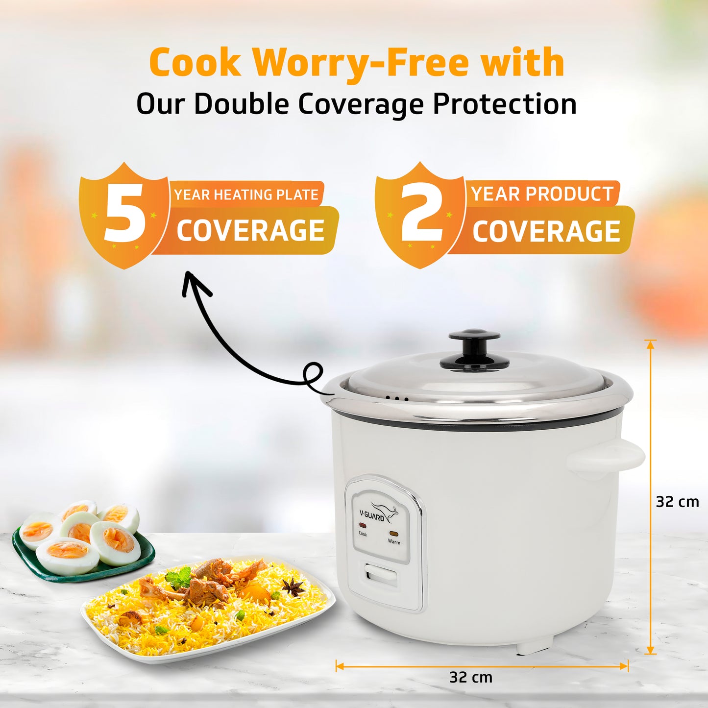 V-Guard VRCS 1.8-Litre Electric Rice Cooker with 2 Stainless Steel Pots, Spatula, Rice Separator | 5-Yr Heating Plate & 2-Yr Product Coverage by V-Guard | 700 W Power with Cook & Automatic Keep Warm Dual Cooking Modes