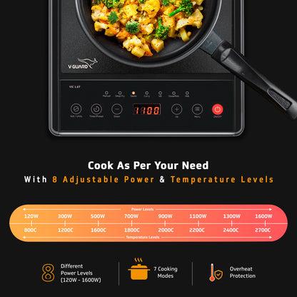 VIC 1.6T 1600 Watt Induction Cooktop | Feather Touch Control & Crystal Glass Top | 7 Pre-set Cooking Modes | 4 Hour Timer & 24 Hour Pre-set Function | Auto Switch Off & Keep Warm Function