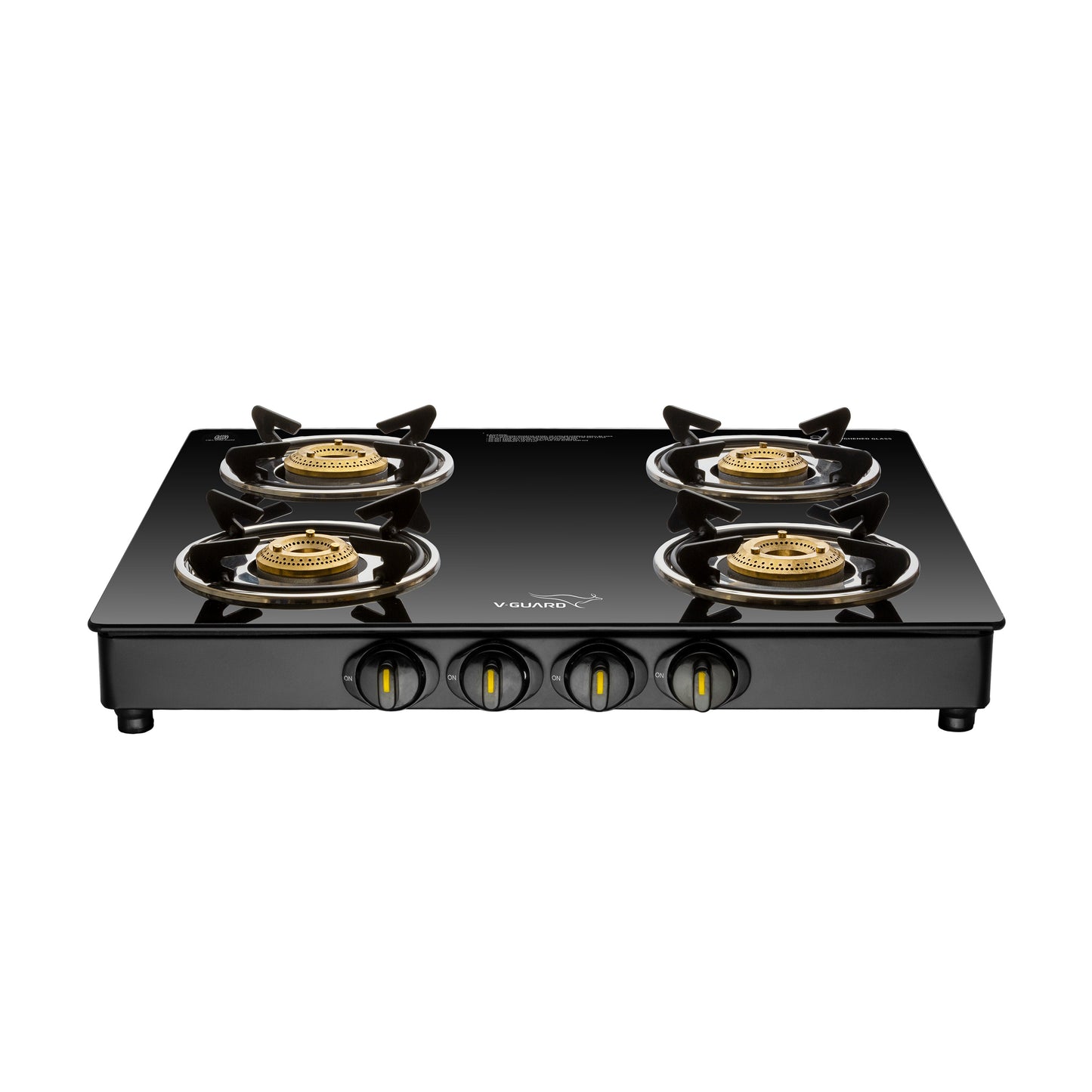 V-Guard VGD 457 PI 4 Burner Gas Stove | Compact & Elegant Gas Stove | 2 Large and 2 Medium High-Efficiency Brass Burners | Toughened Glass Top | 1 Year Coverage by V-Guard