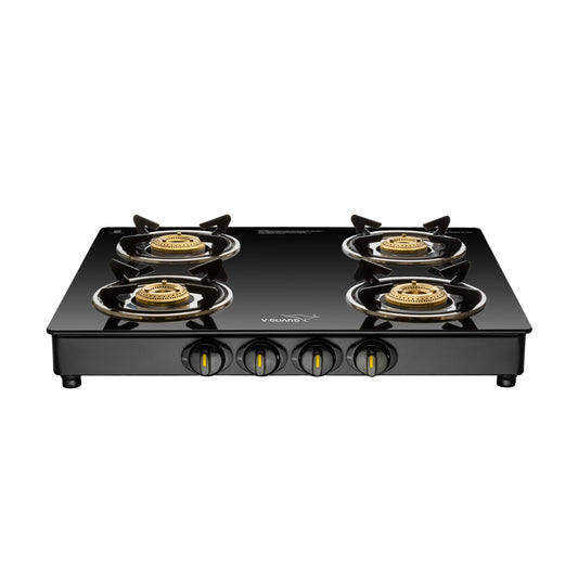 V-Guard VGD 457 PI 4 Burner Gas Stove | Compact & Elegant Gas Stove | 2 Large and 2 Medium High-Efficiency Brass Burners | Toughened Glass Top | 1 Year Coverage by V-Guard
