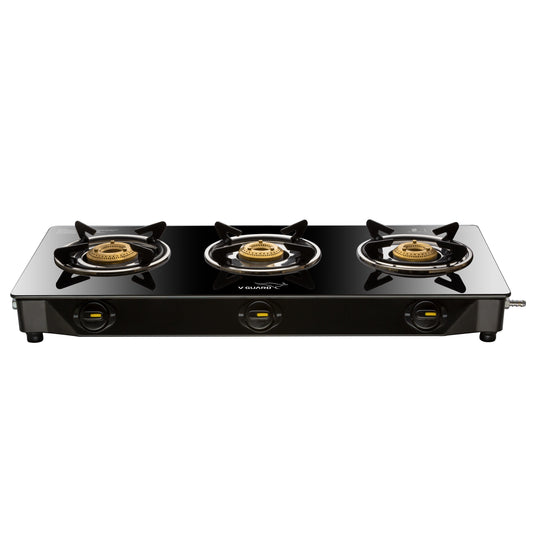 V-Guard VGD 370 PI 3 Burner Gas Stove | Compact & Elegant Gas Stove | 1 Large, 1 Medium & 1 Small High-Efficiency Brass Burner | Toughened Glass Top | 1 Year Coverage by V-Guard
