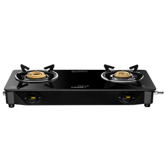 V-Guard VGD 257 PI 2 Burner Gas Stove | Compact & Elegant Gas Stove | 1 Large and 1 Medium High-Efficiency Brass Burner | Toughened Glass Top | 1 Year Coverage by V-Guard
