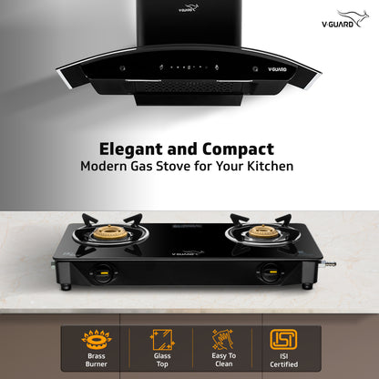 V-Guard VGD 257 PI 2 Burner Gas Stove | Compact & Elegant Gas Stove | 1 Large and 1 Medium High-Efficiency Brass Burner | Toughened Glass Top | 1 Year Coverage by V-Guard