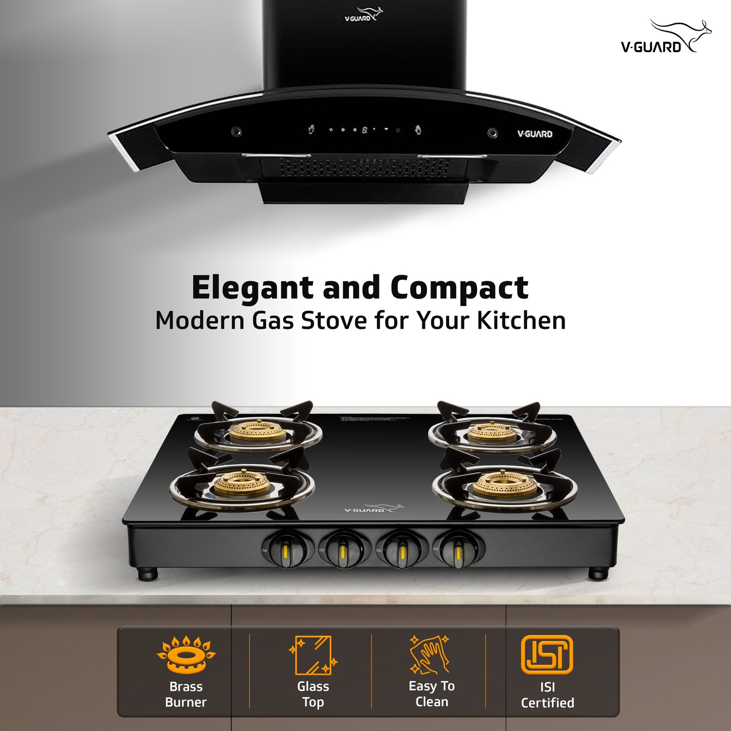 V-Guard VGD 457 PI 4 Burner Gas Stove | Compact & Elegant Gas Stove | 2 Large and 2 Medium High-Efficiency Brass Burners | Toughened Glass Top | 1 Year Coverage by V-Guard