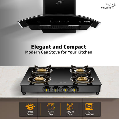V-Guard VGD 457 PI 4 Burner Gas Stove | Compact & Elegant Gas Stove | 2 Large and 2 Medium High-Efficiency Brass Burners | Toughened Glass Top | 1 Year Coverage by V-Guard