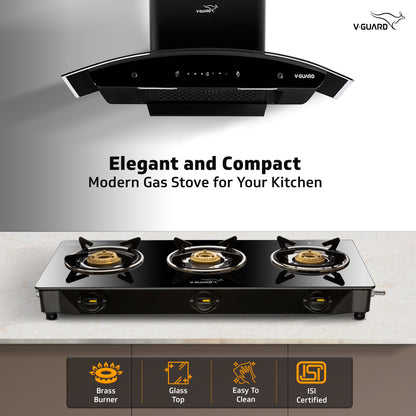 V-Guard VGD 370 PI 3 Burner Gas Stove | Compact & Elegant Gas Stove | 1 Large, 1 Medium & 1 Small High-Efficiency Brass Burner | Toughened Glass Top | 1 Year Coverage by V-Guard