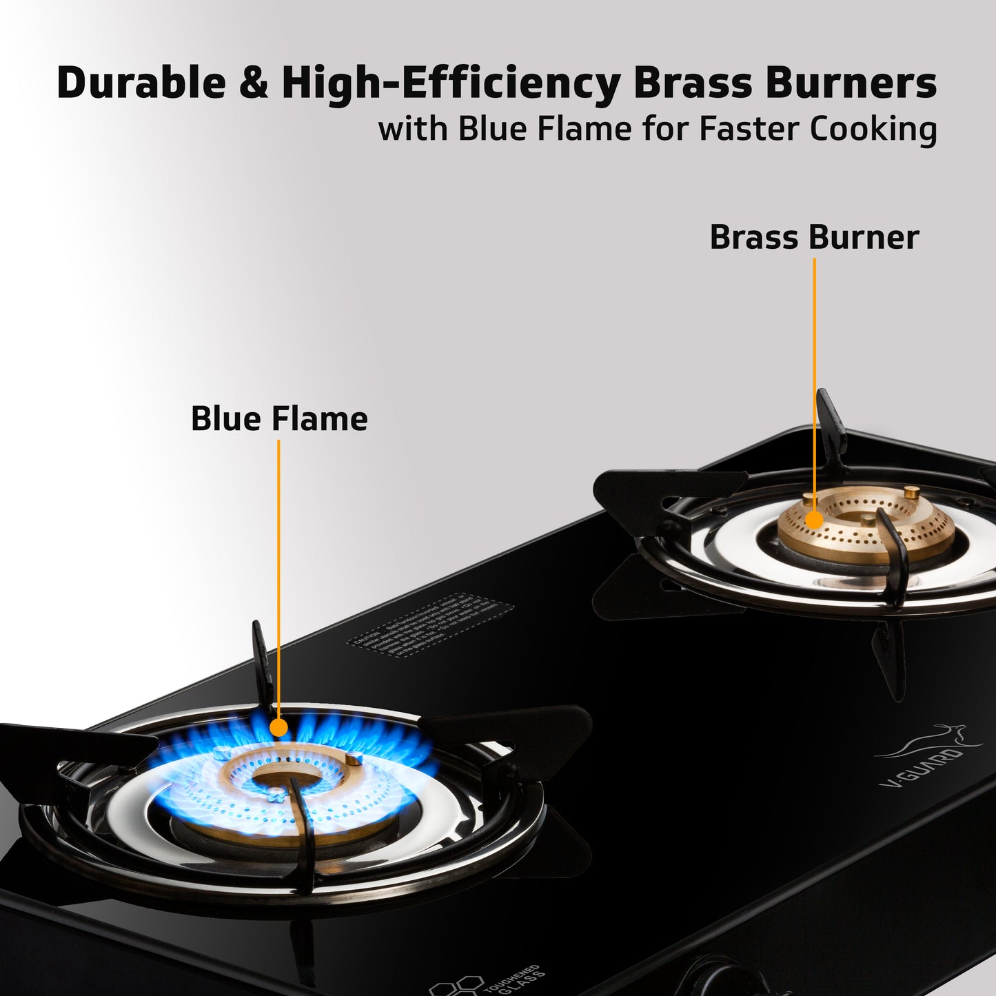 V-Guard VGD 257 PI 2 Burner Gas Stove | Compact & Elegant Gas Stove | 1 Large and 1 Medium High-Efficiency Brass Burner | Toughened Glass Top | 1 Year Coverage by V-Guard