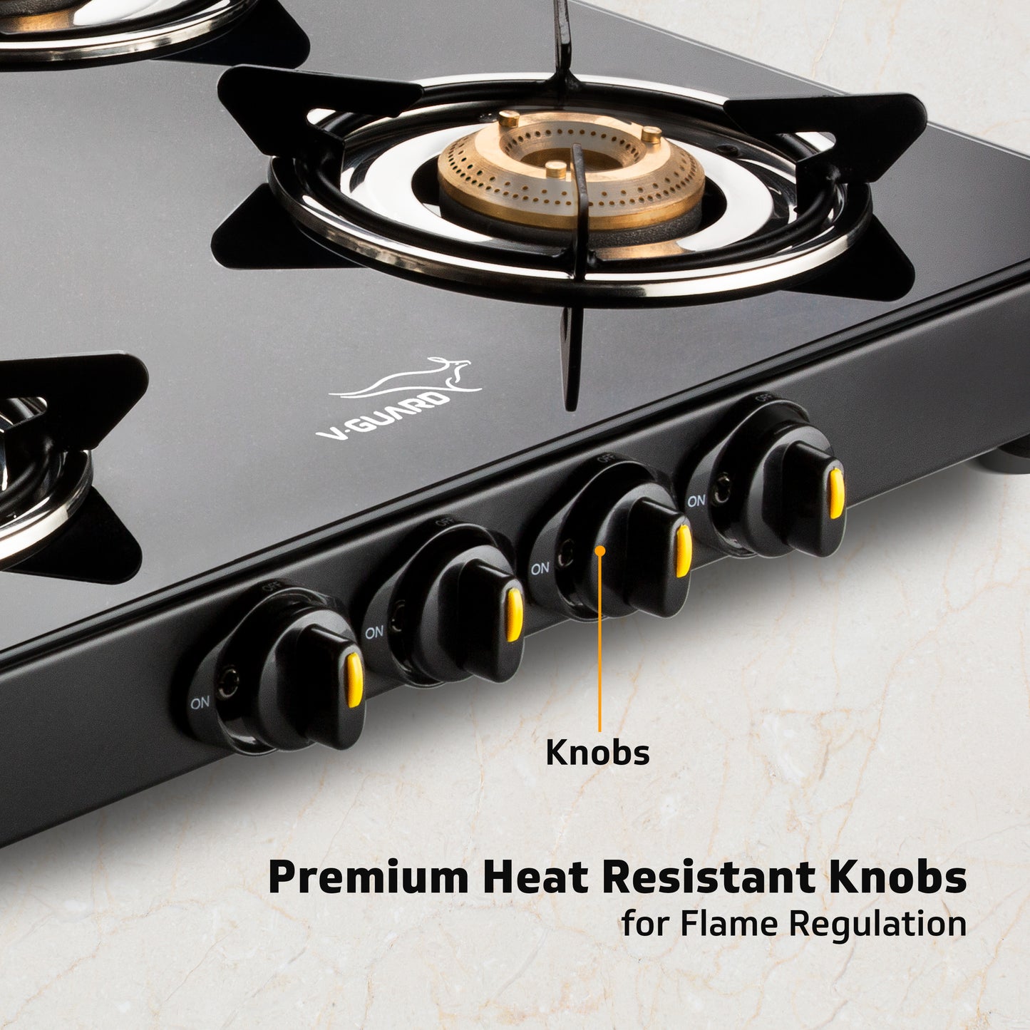 V-Guard VGD 457 PI 4 Burner Gas Stove | Compact & Elegant Gas Stove | 2 Large and 2 Medium High-Efficiency Brass Burners | Toughened Glass Top | 1 Year Coverage by V-Guard
