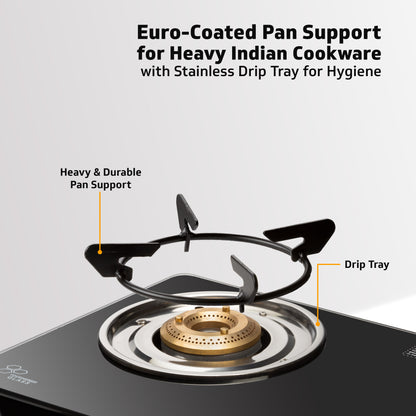 V-Guard VGD 257 PI 2 Burner Gas Stove | Compact & Elegant Gas Stove | 1 Large and 1 Medium High-Efficiency Brass Burner | Toughened Glass Top | 1 Year Coverage by V-Guard