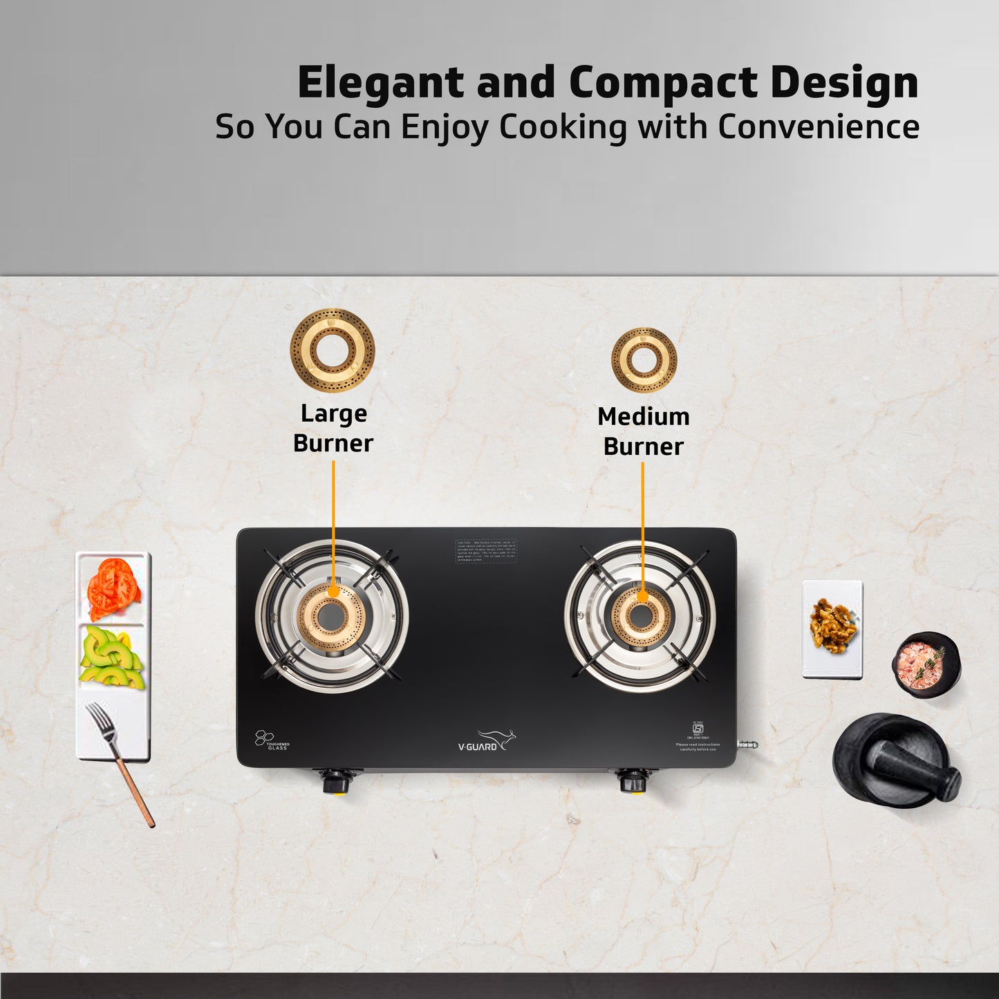 V-Guard VGD 257 PI 2 Burner Gas Stove | Compact & Elegant Gas Stove | 1 Large and 1 Medium High-Efficiency Brass Burner | Toughened Glass Top | 1 Year Coverage by V-Guard