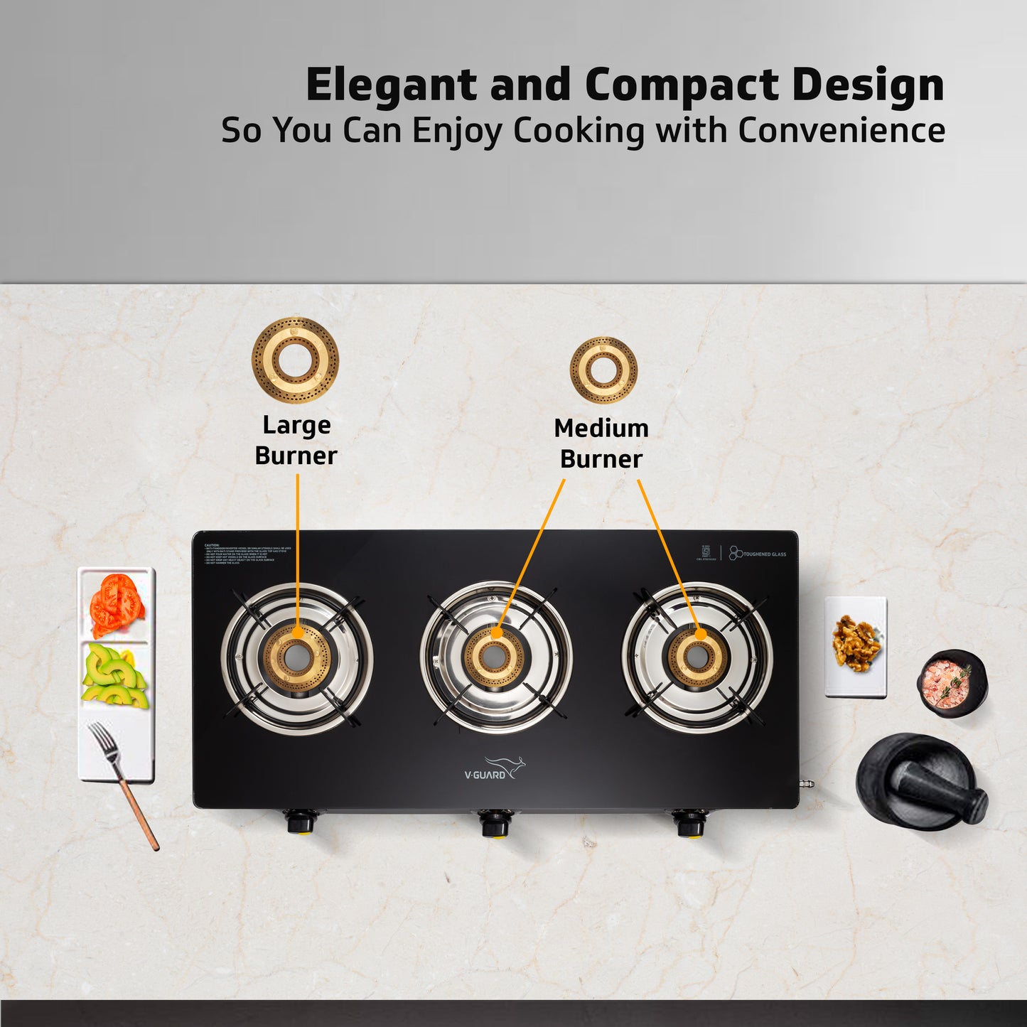 V-Guard VGD 370 PI 3 Burner Gas Stove | Compact & Elegant Gas Stove | 1 Large, 1 Medium & 1 Small High-Efficiency Brass Burner | Toughened Glass Top | 1 Year Coverage by V-Guard