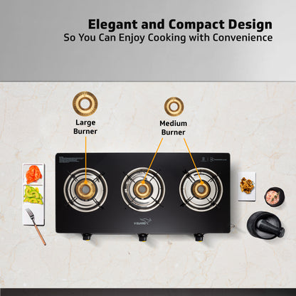 V-Guard VGD 370 PI 3 Burner Gas Stove | Compact & Elegant Gas Stove | 1 Large, 1 Medium & 1 Small High-Efficiency Brass Burner | Toughened Glass Top | 1 Year Coverage by V-Guard