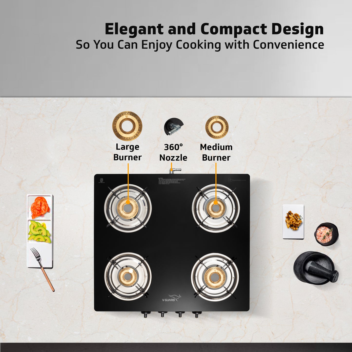 V-Guard VGD 457 PI 4 Burner Gas Stove | Compact & Elegant Gas Stove | 2 Large and 2 Medium High-Efficiency Brass Burners | Toughened Glass Top | 1 Year Coverage by V-Guard