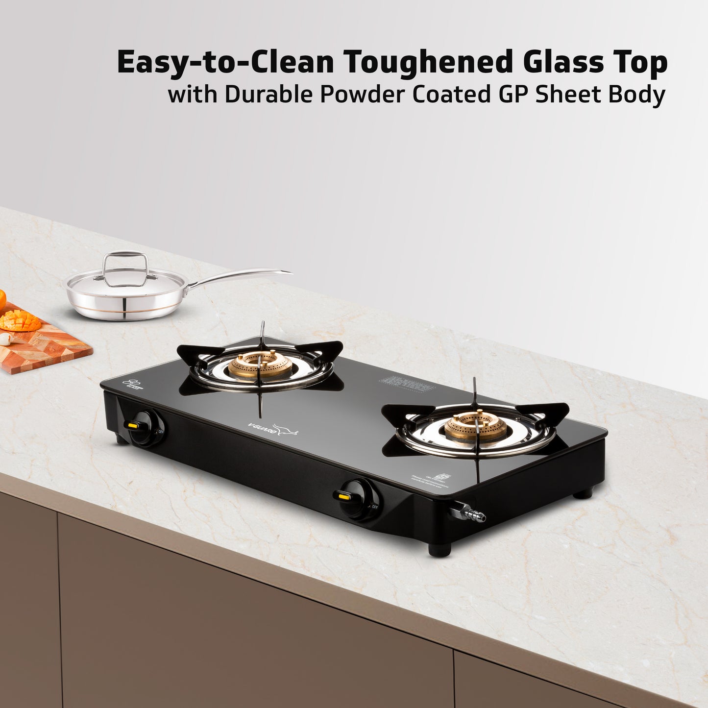 V-Guard VGD 257 PI 2 Burner Gas Stove | Compact & Elegant Gas Stove | 1 Large and 1 Medium High-Efficiency Brass Burner | Toughened Glass Top | 1 Year Coverage by V-Guard
