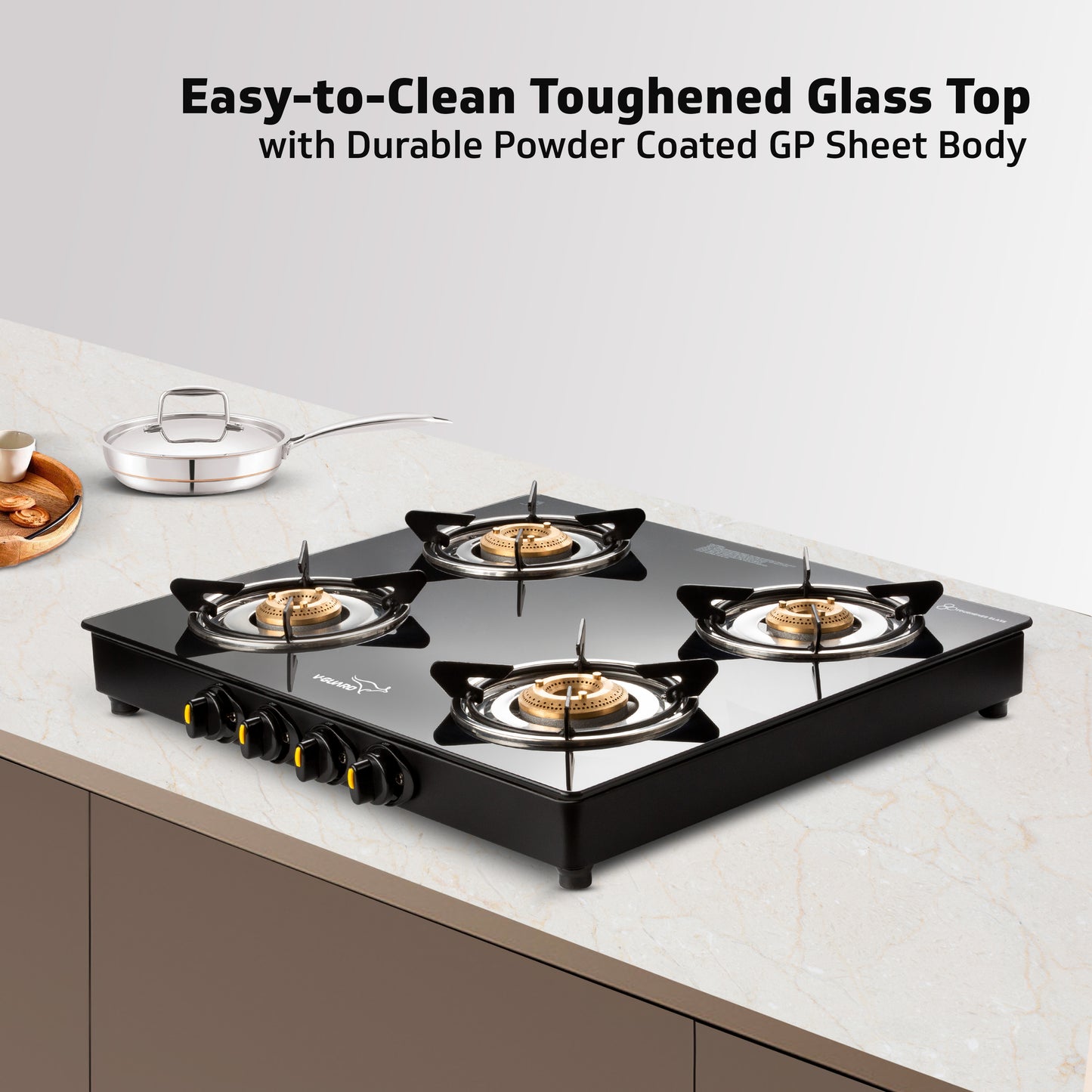 V-Guard VGD 457 PI 4 Burner Gas Stove | Compact & Elegant Gas Stove | 2 Large and 2 Medium High-Efficiency Brass Burners | Toughened Glass Top | 1 Year Coverage by V-Guard