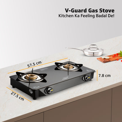 V-Guard VGD 257 PI 2 Burner Gas Stove | Compact & Elegant Gas Stove | 1 Large and 1 Medium High-Efficiency Brass Burner | Toughened Glass Top | 1 Year Coverage by V-Guard
