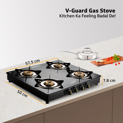 V-Guard VGD 457 PI 4 Burner Gas Stove | Compact & Elegant Gas Stove | 2 Large and 2 Medium High-Efficiency Brass Burners | Toughened Glass Top | 1 Year Coverage by V-Guard
