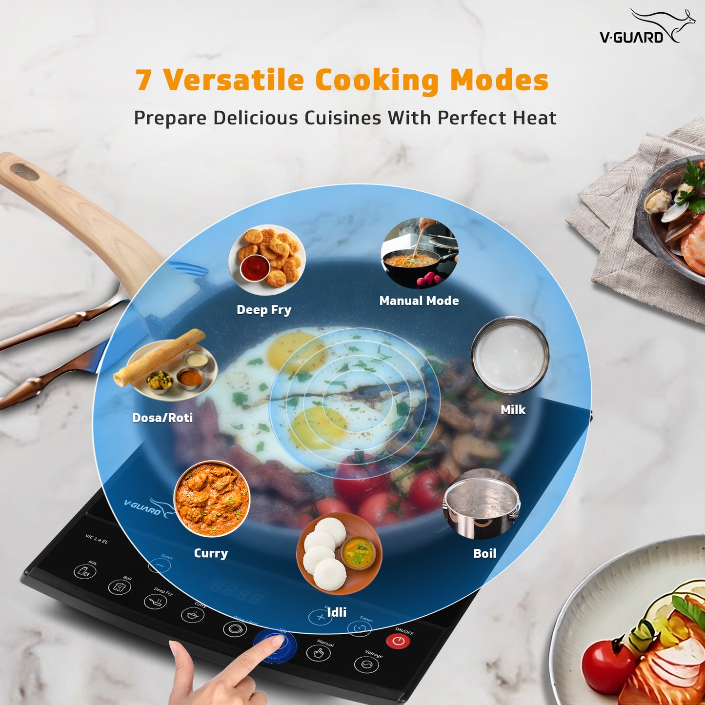 VIC 1.4 EL Induction Cooktop / 1400 Watt Electric Induction cooker with 7 Power Levels|Temperature Control | Push button| Auto-cutoff | Elegant Crystal Glass Matte Finish