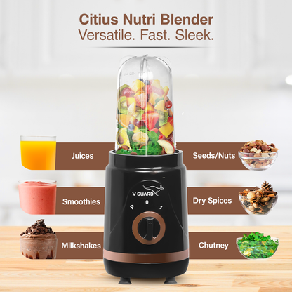 V-Guard Citius Nutri Blender | Bullet Mixer Grinder Juicer | 2 Leakproof Jars | 2 Years Product & Motor Coverage by V-Guard | 400 W Copper Motor | Up to 22,000 RPM | 1 Storage & 1 Sipper Lid