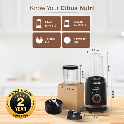 V-Guard Citius Nutri Blender | Bullet Mixer Grinder Juicer | 2 Leakproof Jars | 2 Years Product & Motor Coverage by V-Guard | 400 W Copper Motor | Up to 22,000 RPM | 1 Storage & 1 Sipper Lid