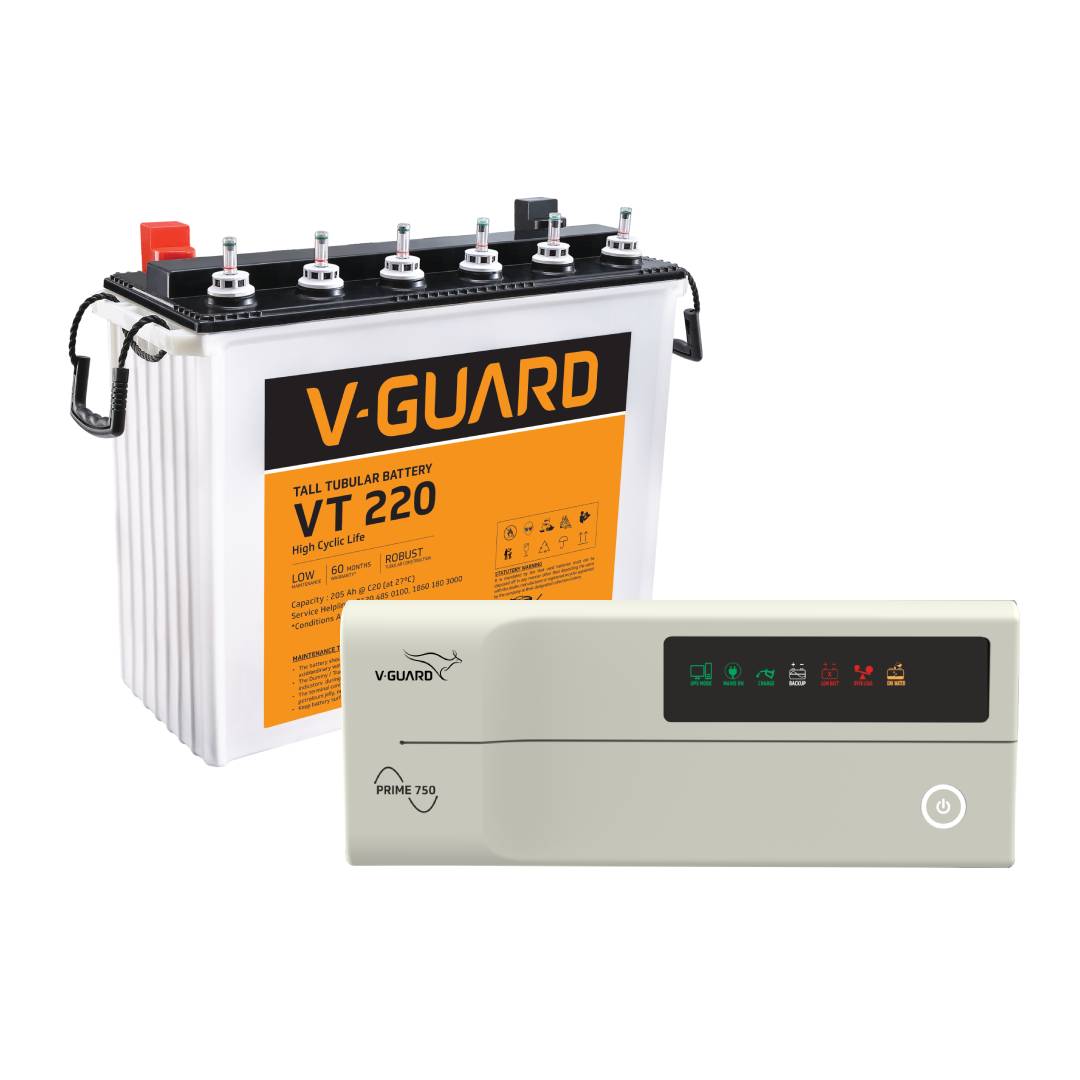 V-Guard Inverter & Battery Combo - 750 Pure Sine Wave 650VA/ 12V Inverter, VT 220 (205Ah Tall Tubular Battery) for Home, Office & Shops