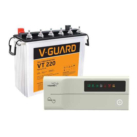 V-Guard Inverter & Battery Combo - 750 Pure Sine Wave 650VA/ 12V Inverter, VT 220 (205Ah Tall Tubular Battery) for Home, Office & Shops