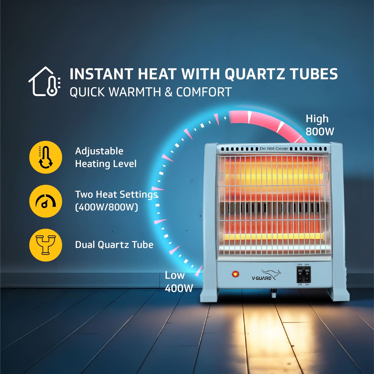 V-Guard EQT 800 Quartz Room Heater Noise free One year Warranty Automatic tips over protection Quick Heating