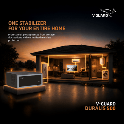 V-Guard Duralis 500 Mainline Stabilizer for Home | Digital Display | Thermal Overload Protection | Wide Input Voltage Range (Working Range 90 VAC-300 VAC) | 1 Year Warranty by V-Guard | Black