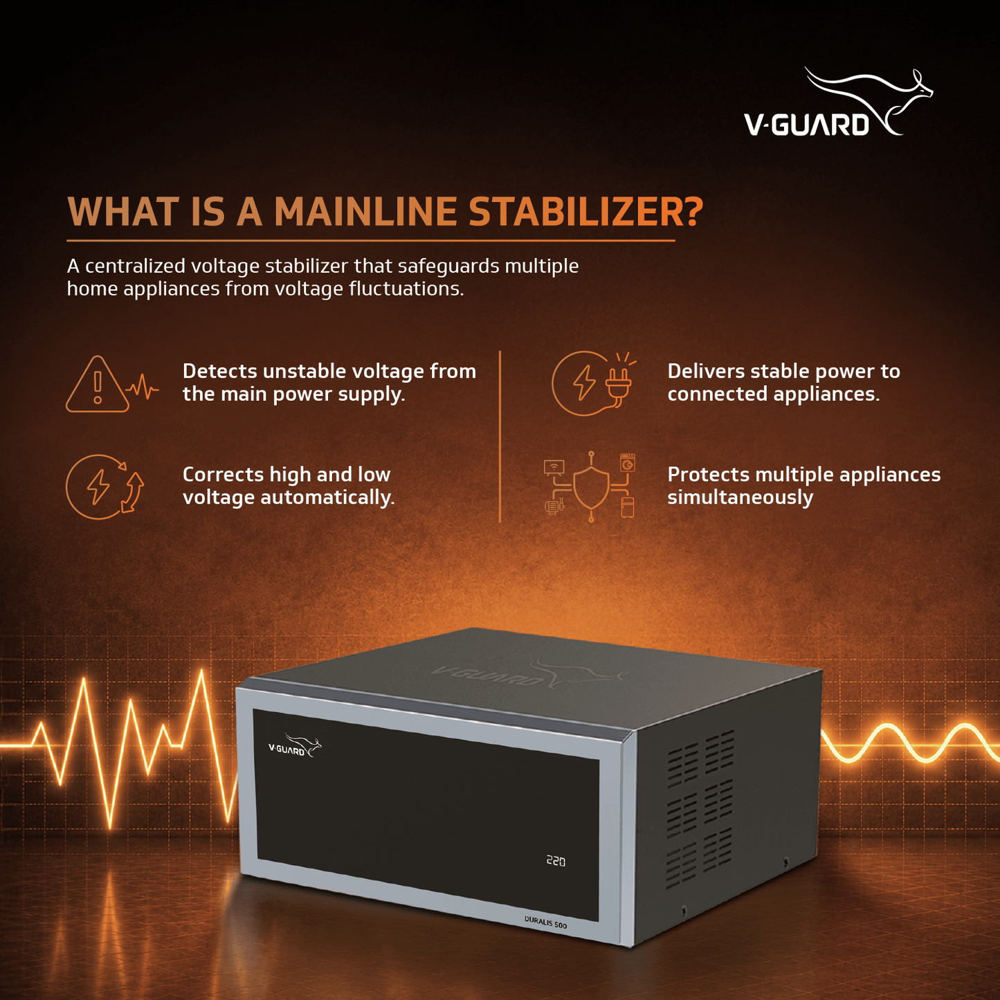 V-Guard Duralis 500 Mainline Stabilizer for Home | Digital Display | Thermal Overload Protection | Wide Input Voltage Range (Working Range 90 VAC-300 VAC) | 1 Year Warranty by V-Guard | Black