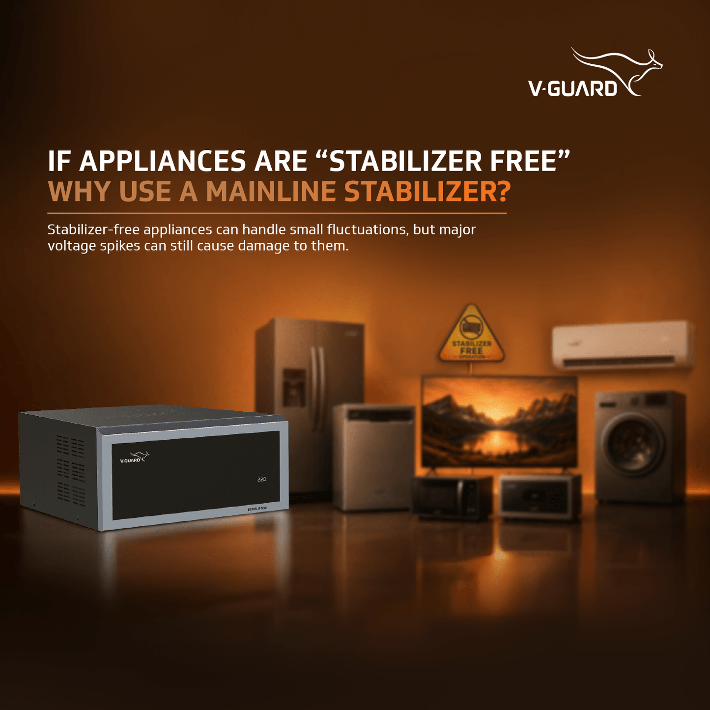 V-Guard Duralis 500 Mainline Stabilizer for Home | Digital Display | Thermal Overload Protection | Wide Input Voltage Range (Working Range 90 VAC-300 VAC) | 1 Year Warranty by V-Guard | Black