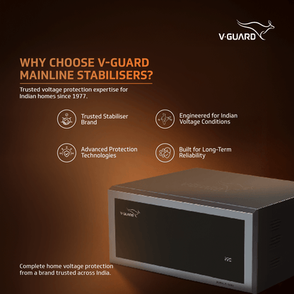 V-Guard Duralis 500 Mainline Stabilizer for Home | Digital Display | Thermal Overload Protection | Wide Input Voltage Range (Working Range 90 VAC-300 VAC) | 1 Year Warranty by V-Guard | Black