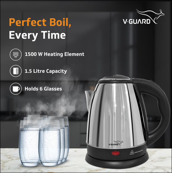 VKS15 Electric Kettle for hot water | 1.5 Litre 1500 watt, Stainless Steel Hot water kettle | Power Indicator | Auto cut-off