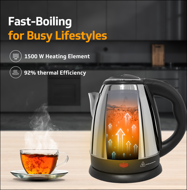 VKS15 Electric Kettle for hot water | 1.5 Litre 1500 watt, Stainless Steel Hot water kettle | Power Indicator | Auto cut-off