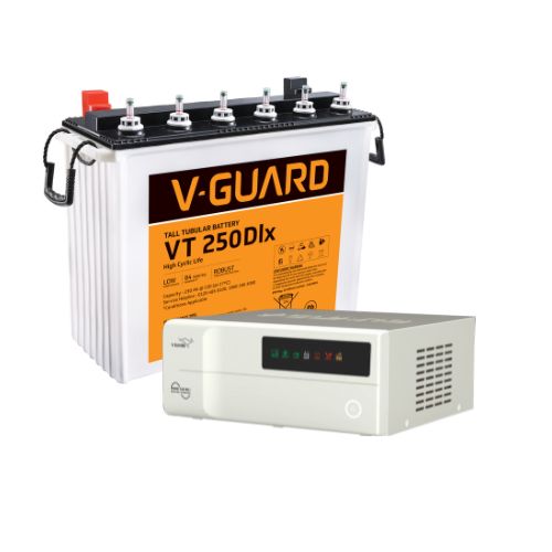 V-Guard Inverter & Battery Combo - Prime 750 MiLi Pure Sine Wave 650VA/ 12V Inverter, VT 250DLX (230Ah Tall Tubular Battery) for Home, Office & Shops