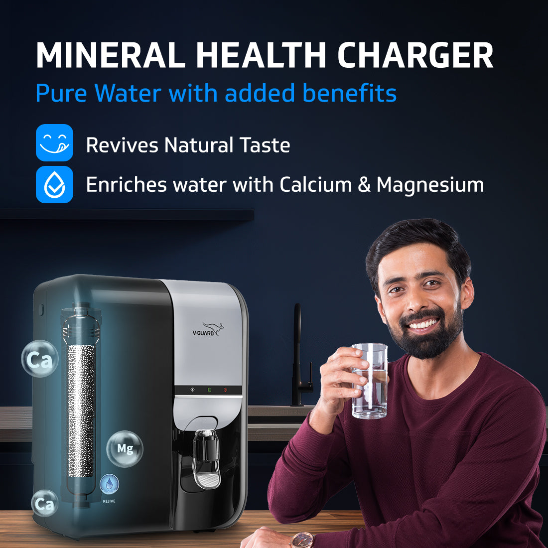 Rejive RO UF Water Purifier with Mineral and Alkaline Health Charger, 8 Stage Purification, Suitable for Water with TDS up to 2000 ppm