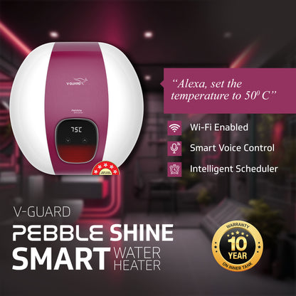 V-Guard Pebble Shine Smart Geyser 15 Litre Water Heater with Wi-Fi Connectivity | Voice Control Using Google and Alexa | BEE 5 Star Rating | Free PAN India Installation & Connection Pipes