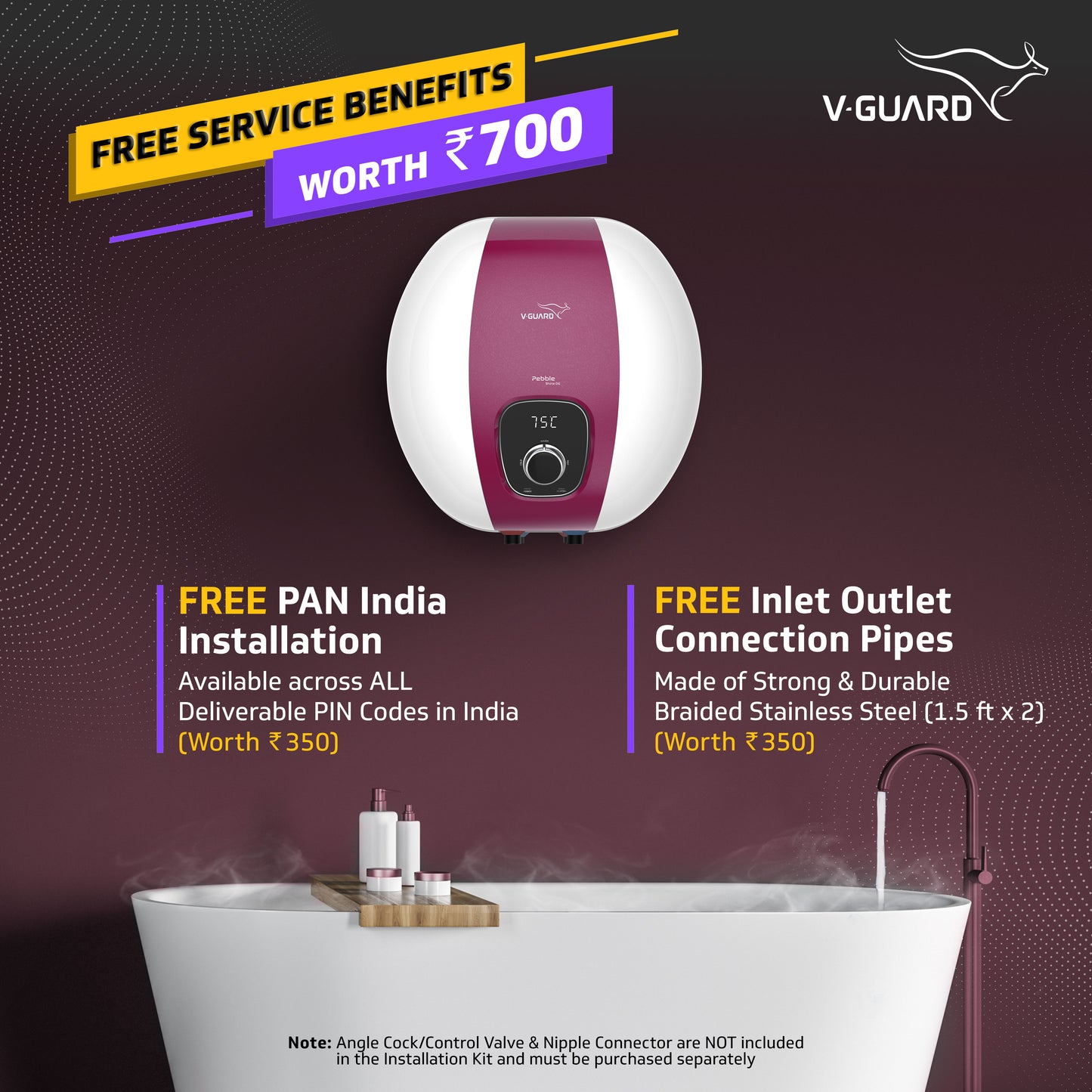 V-Guard Pebble Shine DG 15 Litre Water Heater Geyser with Digital Display | BEE 5 Star Rating | Free PAN India Installation & Connection Pipes