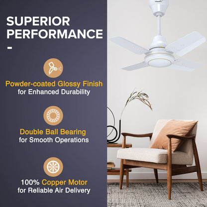 Windle Pro Plus High-Speed Ceiling Fan For Home | 100% Copper 830 RPM Motor | Powder-Coated Gloss Finish | 4 Blade Ceiling Fan | White | 60 cm