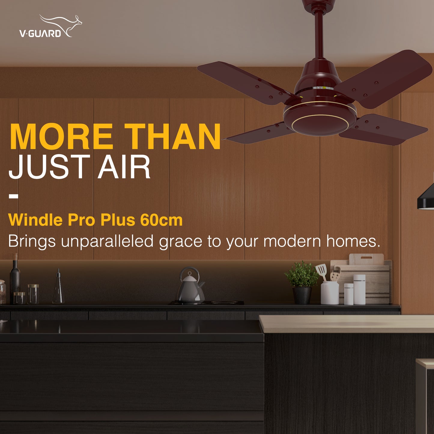 Windle Pro Plus High-Speed Ceiling Fan For Home | 100% Copper 830 RPM Motor | Powder-Coated Gloss Finish | 4 Blade Ceiling Fan | Cherry Brown | 60 cm