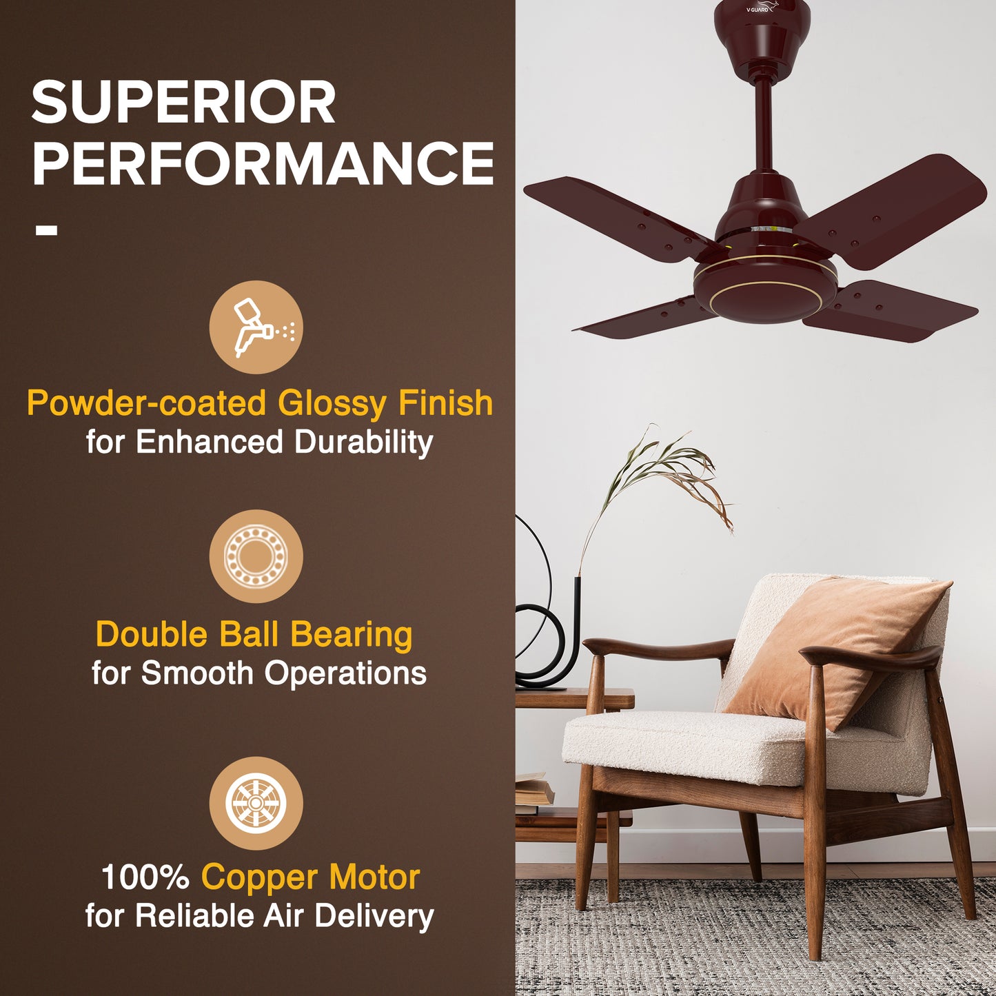 Windle Pro Plus High-Speed Ceiling Fan For Home | 100% Copper 830 RPM Motor | Powder-Coated Gloss Finish | 4 Blade Ceiling Fan | Cherry Brown | 60 cm