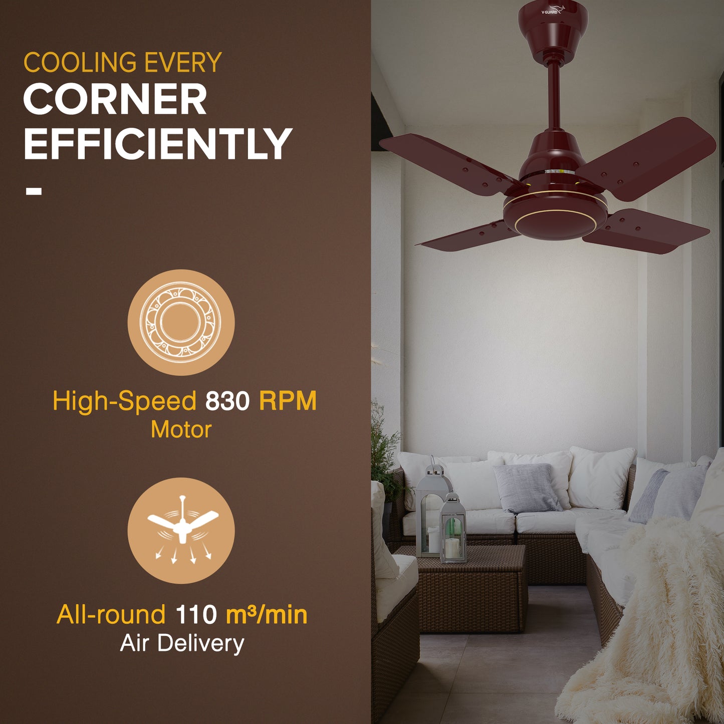 Windle Pro Plus High-Speed Ceiling Fan For Home | 100% Copper 830 RPM Motor | Powder-Coated Gloss Finish | 4 Blade Ceiling Fan | Cherry Brown | 60 cm
