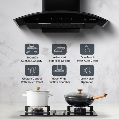 V-Guard X20 Neo Filterless Kitchen Chimney | 90cm | 1400 m³/h High Suction Capacity | One-Touch Heat Auto-Clean | Touch Panel with Gesture Control| 1-Year Comprehensive & 5-Year Motor Coverage