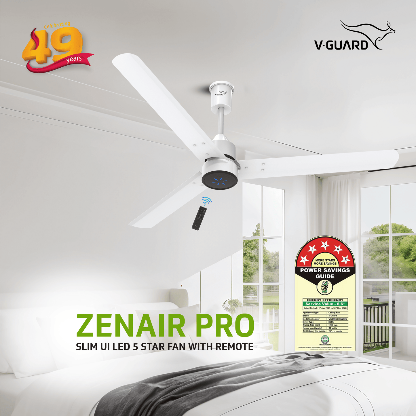 V-Guard Zenair Pro BLDC Ceiling Fan for Home | 1.2 m | BEE 5-Star Energy Saving | High-Speed BLDC Motor (370 RPM) | Remote Control with 6 Speeds, Wind & Reverse Modes |UI LED speed indicator|2-Year Warranty | White