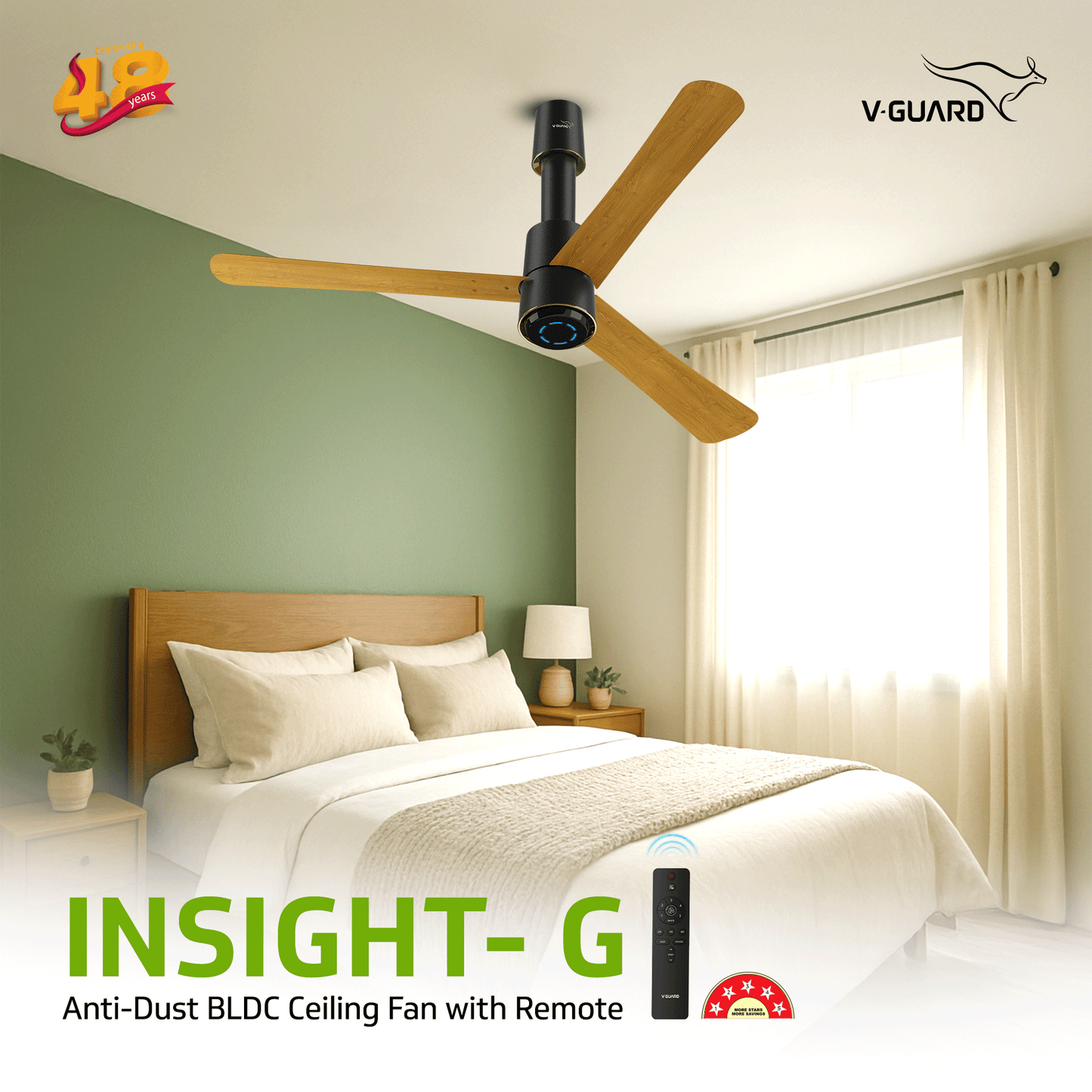 V-Guard INSIGHT-X Premium BLDC Ceiling Fan For Home | 6 Speed Settings | 5-Star Energy Saving | Convenient Remote Control | High-Speed 100% Copper Motor | 1.2M (Choco Gold Wood)