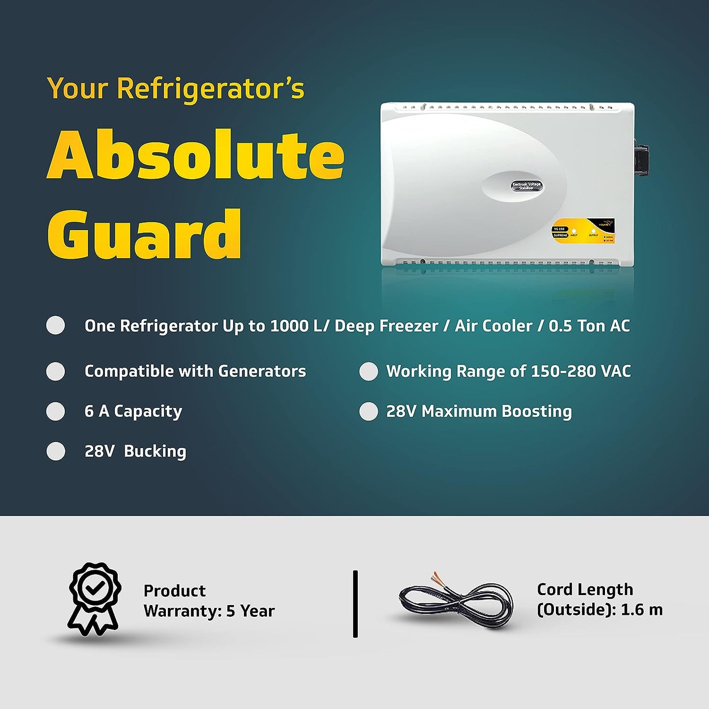 VG 150 Supreme Stabilizer for Refrigerator Above 600 L  Advance Overheat Protection (Working Range:130-290V)
