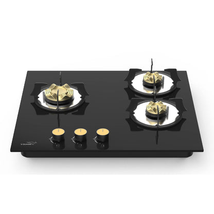 VHD 360 AGR Kitchen Gas Hobtop 3 Burner with Auto Ignition/Brass Burners/Heat Resistant Toughened Black Glass/Matt-finish Pan Support