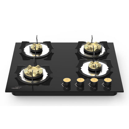 VHD 460 AGR Kitchen Gas Hobtop 4 Burner with Auto Ignition/Brass Burners/Heat Resistant Toughened Black Glass/Matt-finish Pan Support