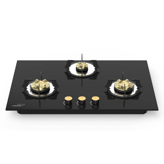 VHD 378 AGR Kitchen Gas Hobtop 3 Burner with Auto Ignition/Brass Burners/Heat Resistant Toughened Black Glass/Matt-finish Pan Support / 1.5V Battery Powered DC Ignition
