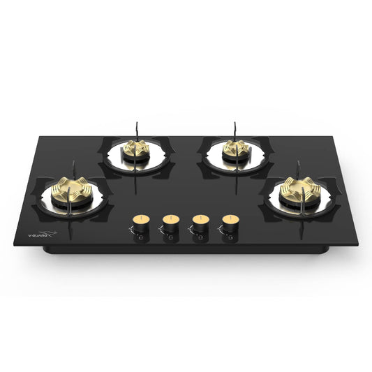 VHD 480 AGR Kitchen Gas Hobtop 4 Burner with Auto Ignition/Brass Burners/Heat Resistant Toughened Black Glass/Matt-finish Pan Support / 1.5V Battery Powered DC Ignition